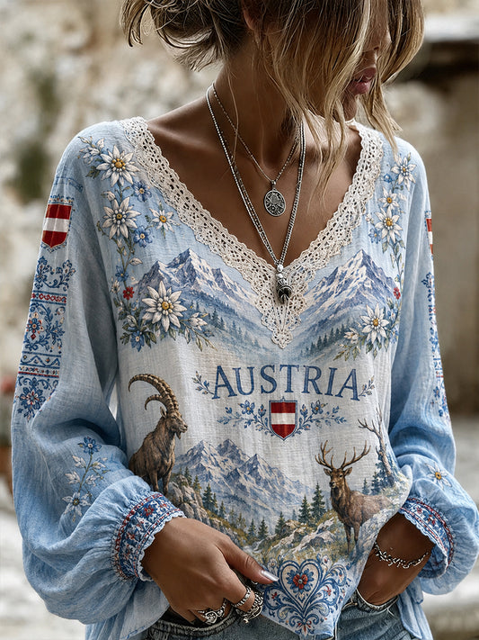 Damen-Top im Retro-Stil mit Schneeberg-Landschaftsdruck und V-Ausschnitt