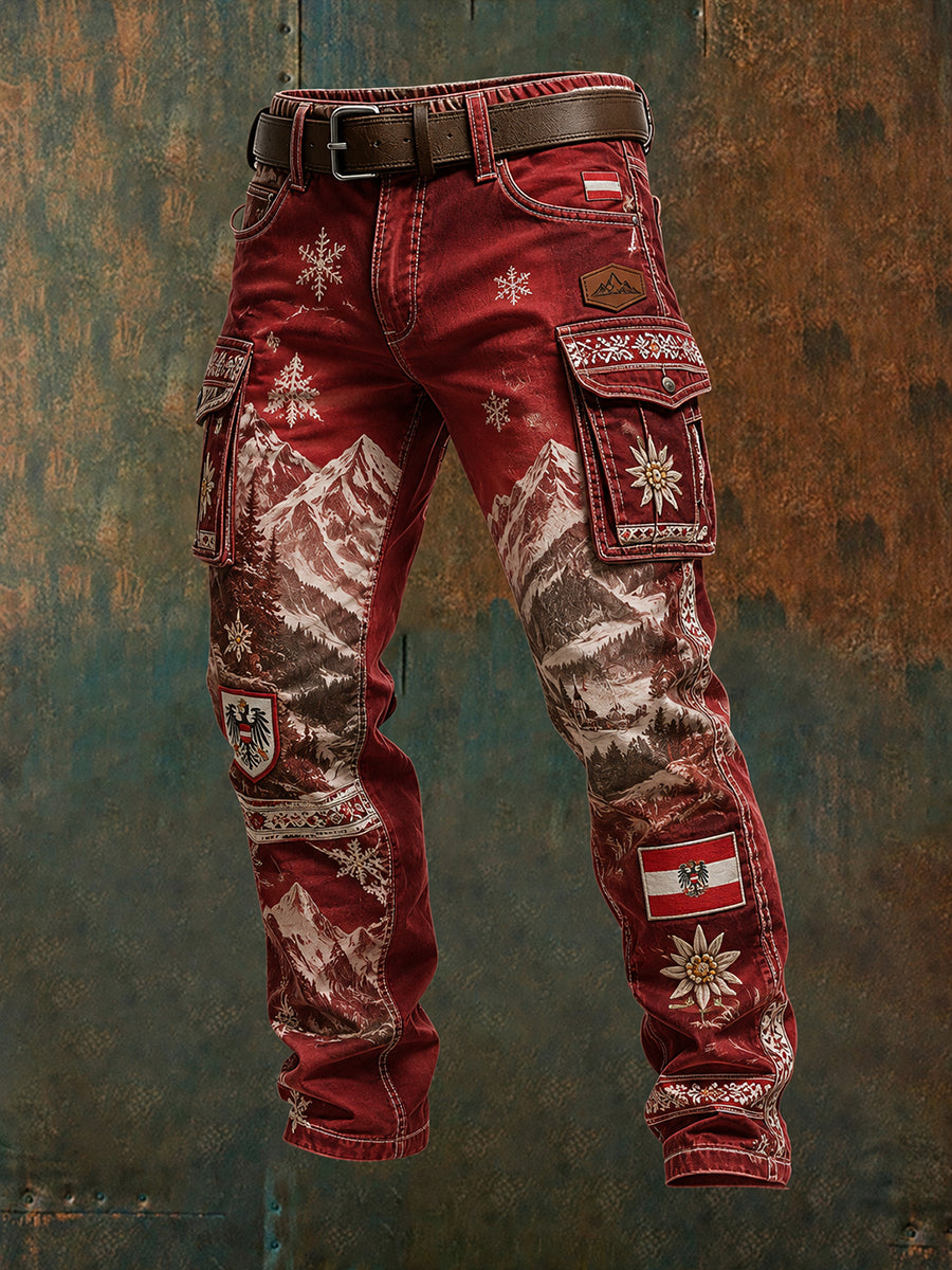 Herren-Cargohose im Retro-Stil mit Schneegebirgslandschaft