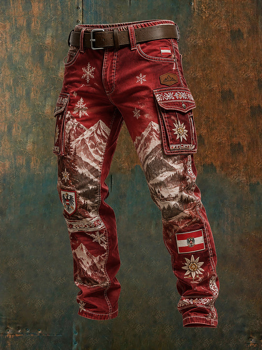 Herren-Cargohose im Retro-Stil mit Schneegebirgslandschaft