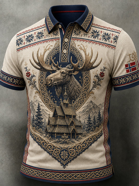Herren-Poloshirt im Retro-Nordic-Stil mit norwegischem Kunstdruck, lässig geschnitten