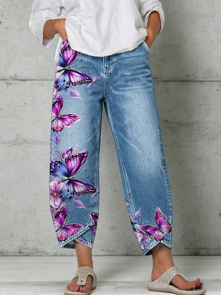 Damen-Hose mit Tier- und Schmetterlingskunstdruck