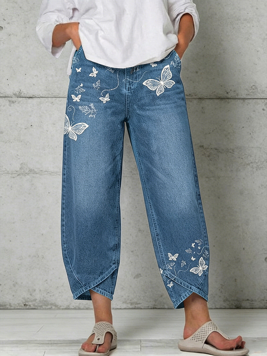 Damen-Hose mit Tier- und Schmetterlingskunstdruck