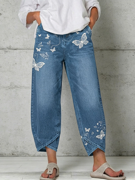 Damen-Hose mit Tier- und Schmetterlingskunstdruck