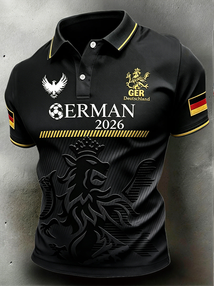 Herren-Poloshirt in Schwarz mit Retro-Design zum deutschen Fußball 2026, lässiger Alltagsstil
