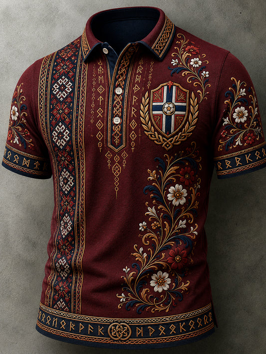 Herren Retro Nordic Style Norwegisch Kunstdruck Casual Polo Shirt
