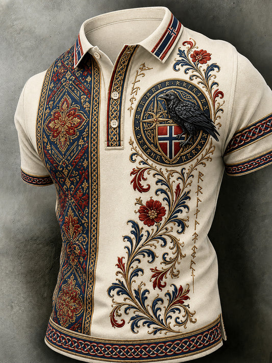 Herren-Poloshirt im Retro-Nordic-Stil mit norwegischem Kunstdruck, lässig geschnitten