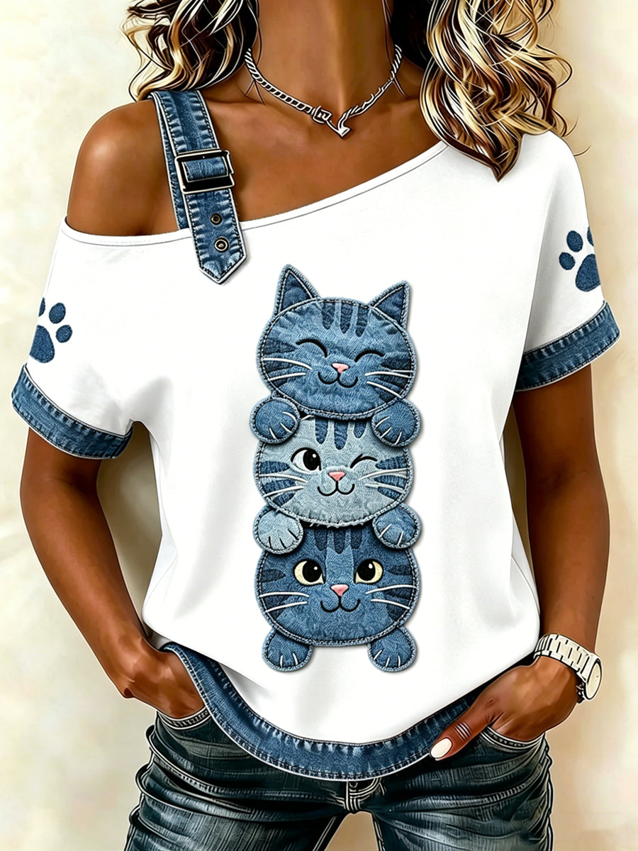 Damen-T-Shirt mit tierischem Katzen-Print, im Vintage-Stil, modisch und weit geschnitten, mit kurzen Ärmeln