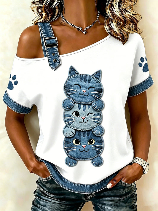 Damen-T-Shirt mit tierischem Katzen-Print, im Vintage-Stil, modisch und weit geschnitten, mit kurzen Ärmeln