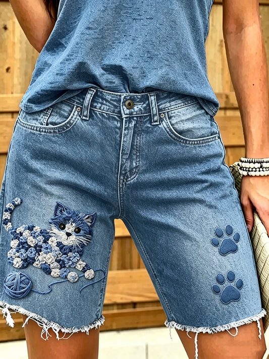 Damen Tier Katze Kunst bedruckte kurze Jeans
