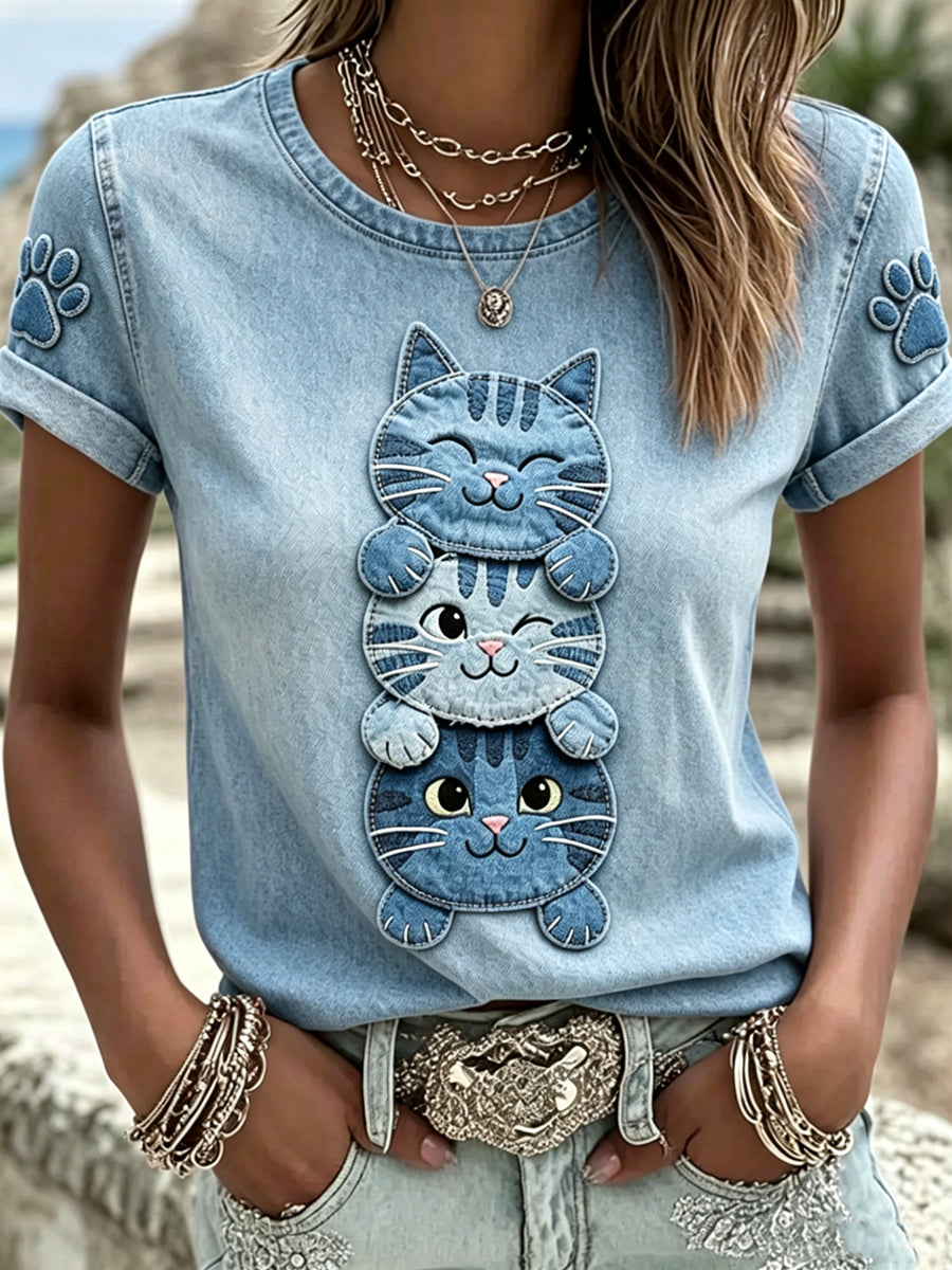 Damen-T-Shirt mit tierischem Katzen-Print, im Vintage-Stil, modisch und weit geschnitten, mit kurzen Ärmeln