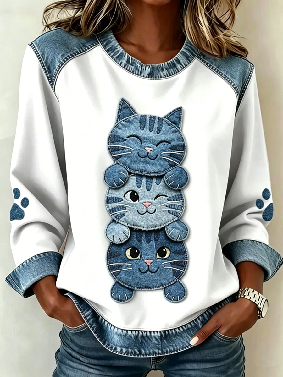 Damen-Tier katze bedrucktes Langarm-Sweatshirt