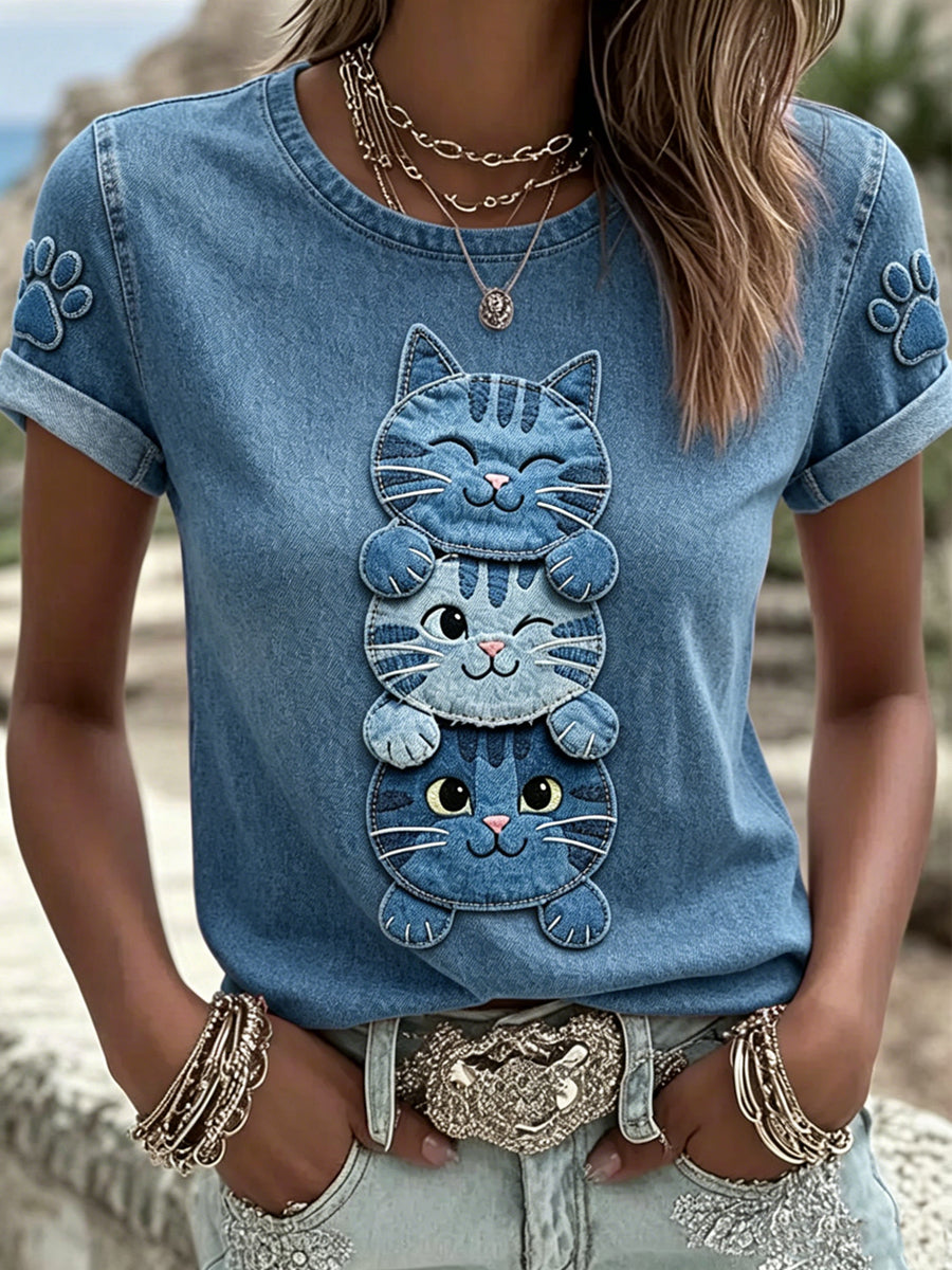 Damen-T-Shirt mit tierischem Katzen-Print, im Vintage-Stil, modisch und weit geschnitten, mit kurzen Ärmeln