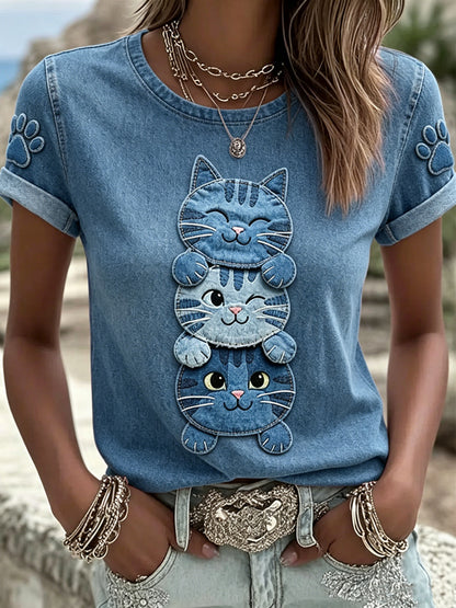 Damen-T-Shirt mit tierischem Katzen-Print, im Vintage-Stil, modisch und weit geschnitten, mit kurzen Ärmeln