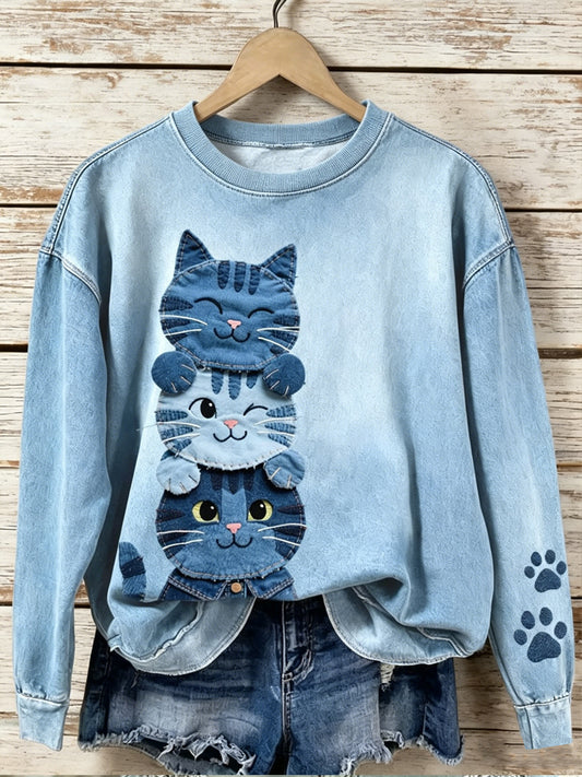 Damen Denim Tier Katze Print Rundhals Langarm Sweatshirt
