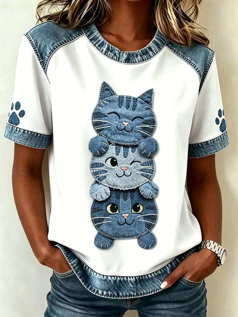 Damen-Tier katze bedrucktes Vintage-Mode-T-Shirt mit kurzen Ärmeln