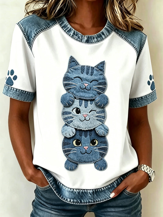 Damen-Tier katze bedrucktes Vintage-Mode-T-Shirt mit kurzen Ärmeln