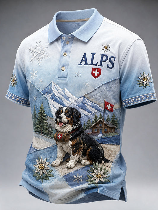 Herren-Poloshirt mit kurzen Ärmeln, Schneeberg-, Tier- und Blumenmuster