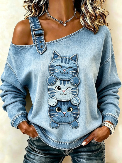 Damen-Tier katze bedruckt eine Schulter lässig Sweatshirt