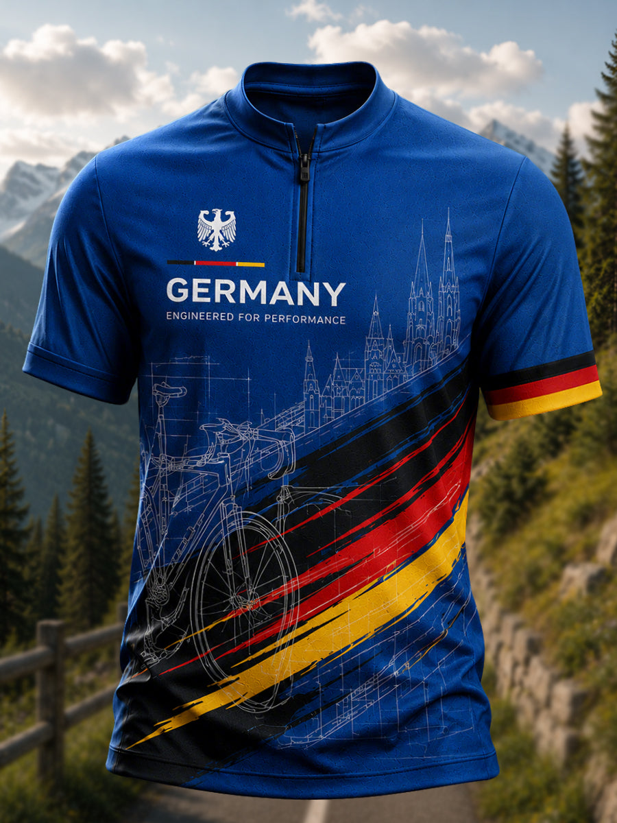 Herren-Radsporttrikot aus Deutschland mit halbem Reißverschluss und kurzen Ärmeln