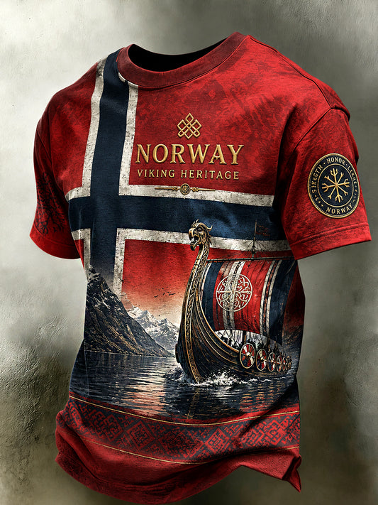 Herren Retro nordischer Stil Norwegisch Kunstdruck Casual T-Shirt