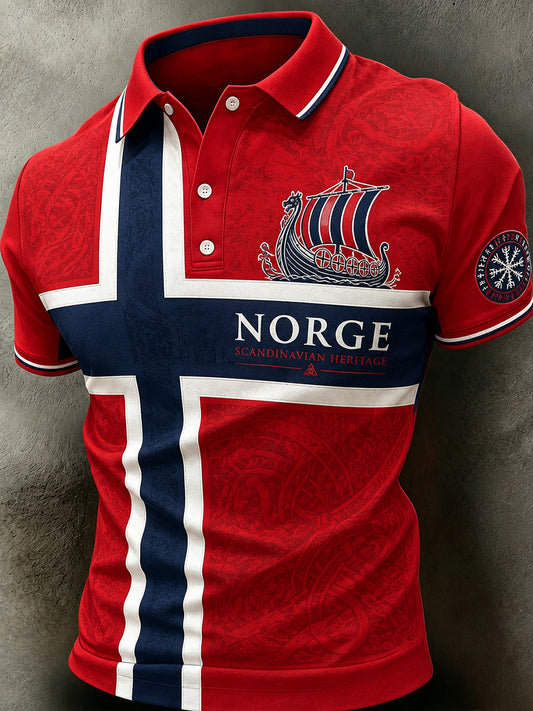 Herren-Poloshirt im Retro-Nordic-Stil mit norwegischem Kunstdruck, lässig geschnitten
