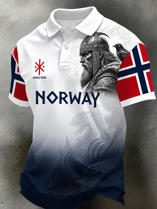 Herren-Poloshirt im Retro-Nordic-Stil mit norwegischem Kunstdruck, lässig geschnitten