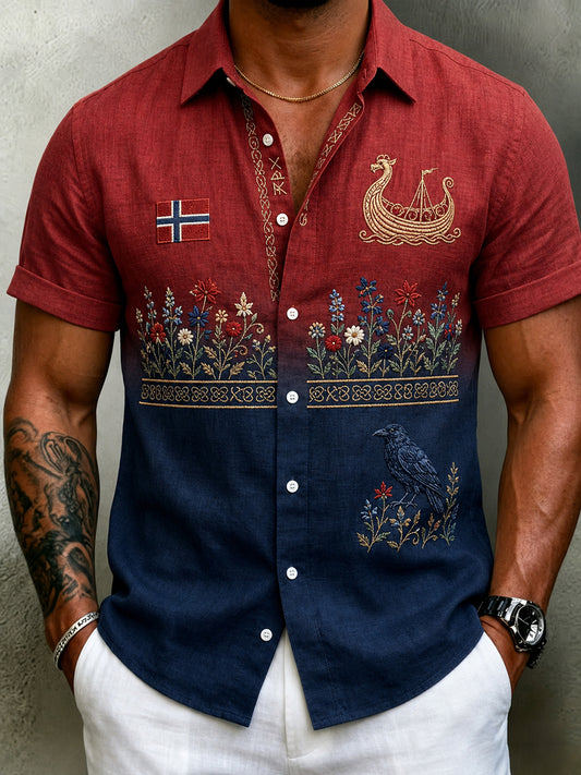 Herren Vintage Baumwoll-Leinen hemd im skandi navis chen Stil mit norwegischem Kunstdruck