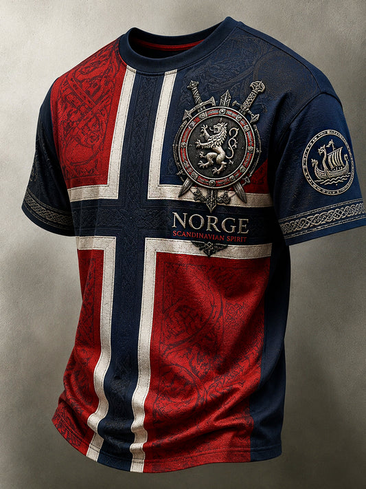 Herren-Retro-T-Shirt im nordischen Stil mit norwegischem Kunstdruck, lässig