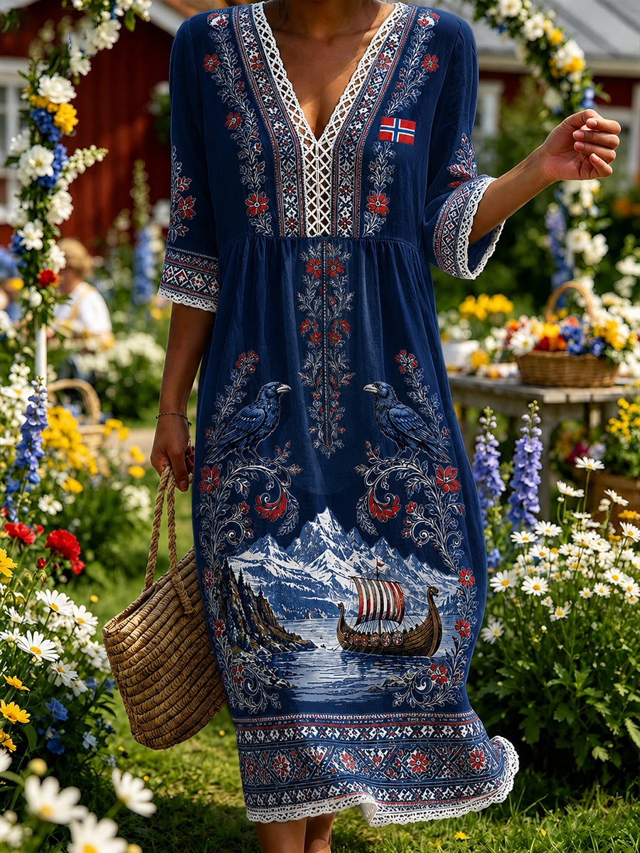 Damenkleid im Retro-Stil nach skandinavischer Art aus Baumwolle und Leinen mit norwegischem Kunstdruck