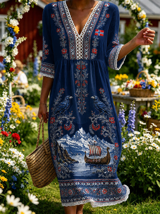 Damenkleid im Retro-Stil nach skandinavischer Art aus Baumwolle und Leinen mit norwegischem Kunstdruck