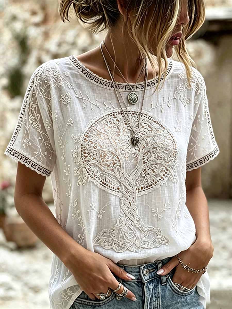 Frauen romantisches Blumen Viking Kunstdruck lässig T-Shirt