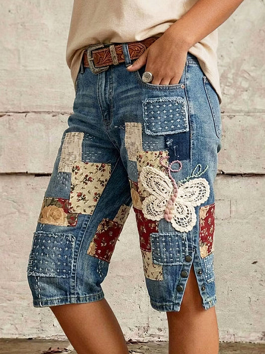 Damen-Midihose mit floralem Kunstdruck