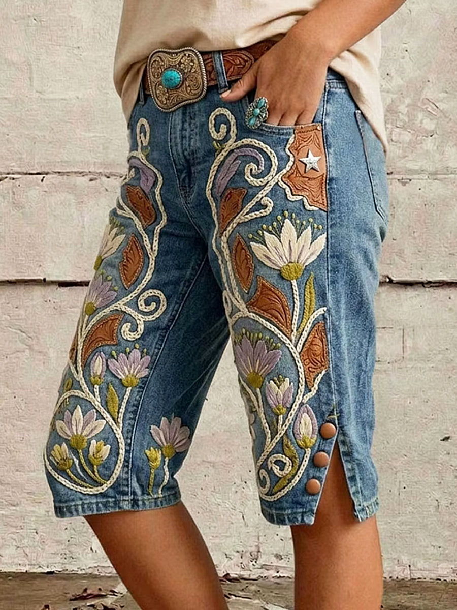 Damen-Hosen mit Blumen kunst druck in der Mitte