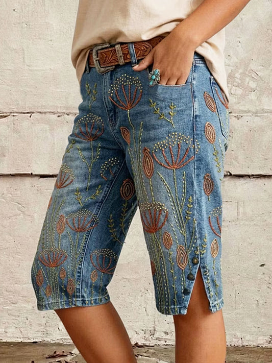 Damen-Midihose mit floralem Kunstdruck