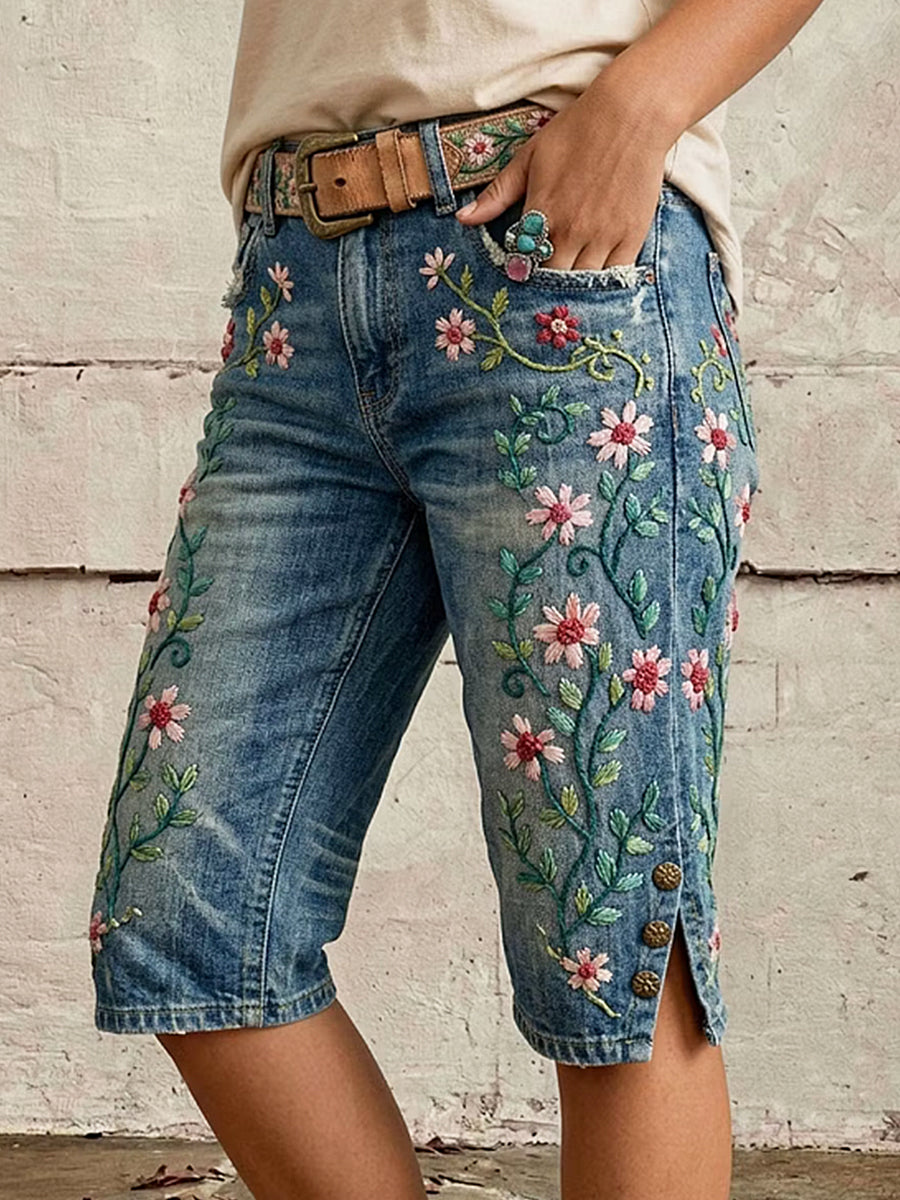 Damen-Midihose mit floralem Kunstdruck