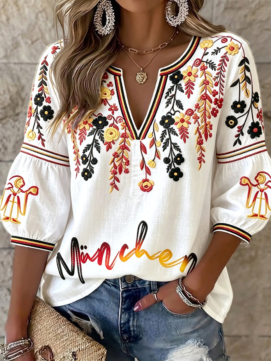 Damen-3D-Blumenprint-Casual-T-Shirt aus Baumwolle-Leinen mit V-Ausschnitt, München-Style, deutsch