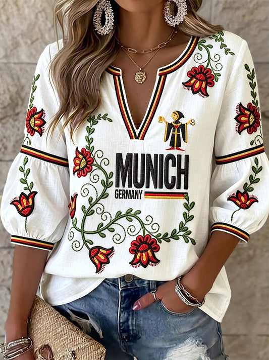 Damen-Alltags-T-Shirt aus Baumwolle-Leinen mit V-Ausschnitt und floralem Münchner Blumenmuster