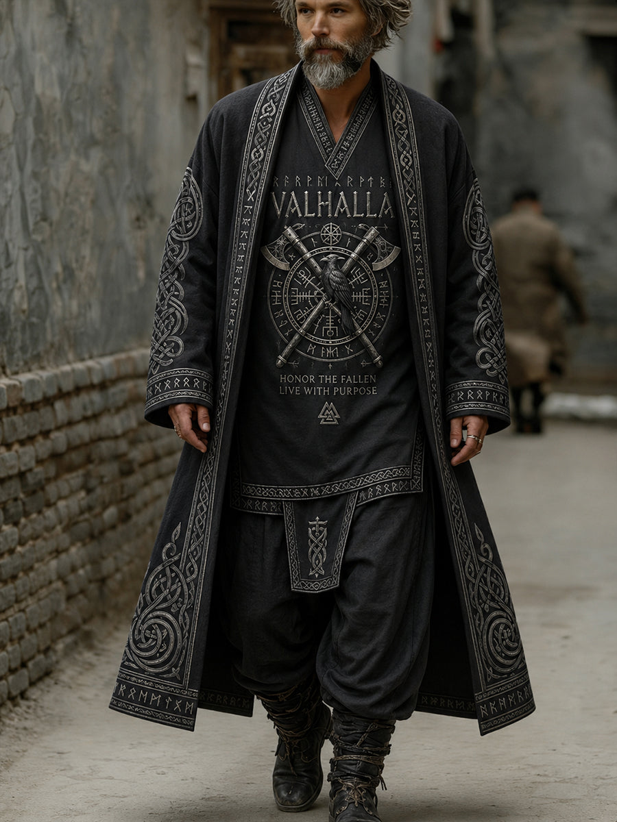 Herren Retro Viking Print Lässiger langer Trenchcoat