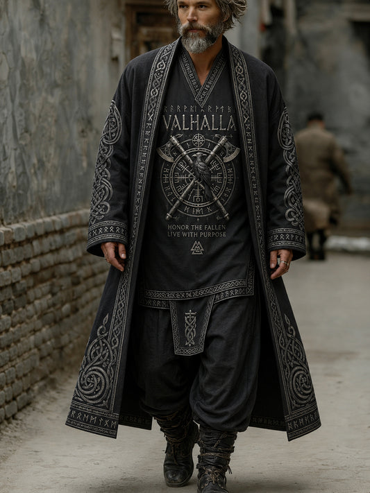 Herren Retro Viking Print Lässiger langer Trenchcoat