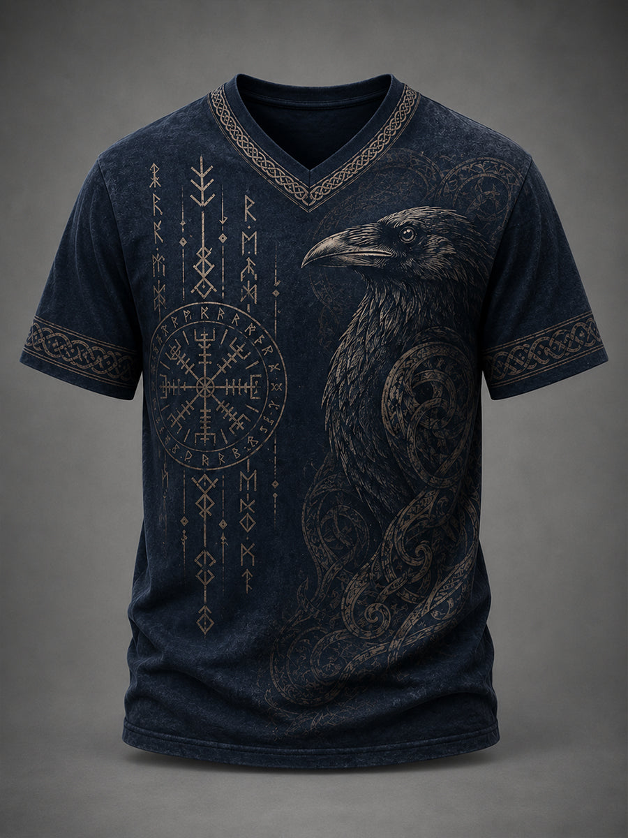 Herren-Retro-Top mit Wikinger-Print und V-Ausschnitt, lässig geschnitten