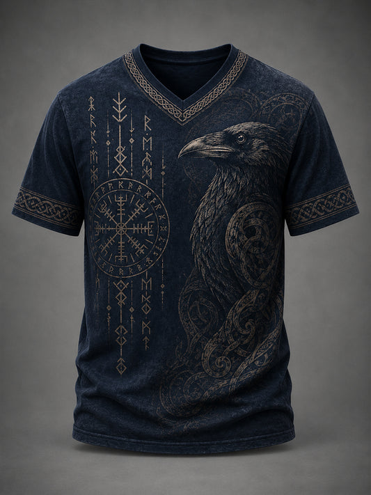 Herren-Retro-Top mit Wikinger-Print und V-Ausschnitt, lässig geschnitten