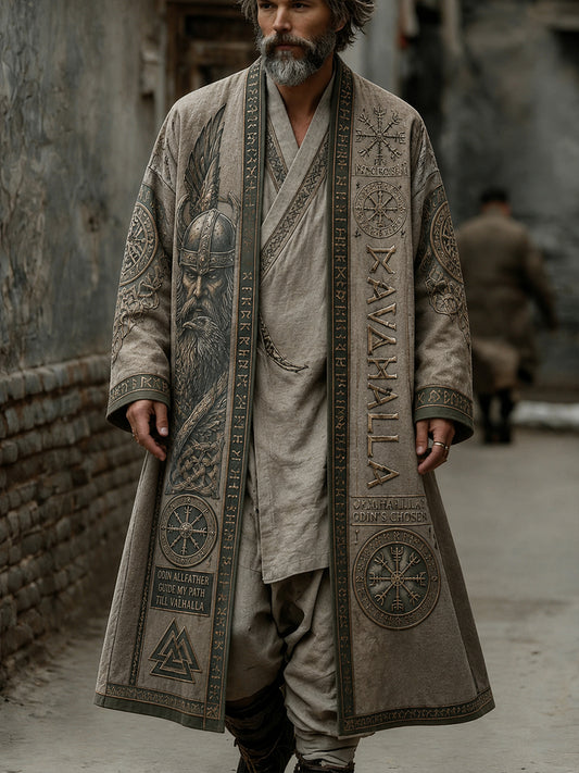 Herren Retro Viking Print Lässiger langer Trenchcoat