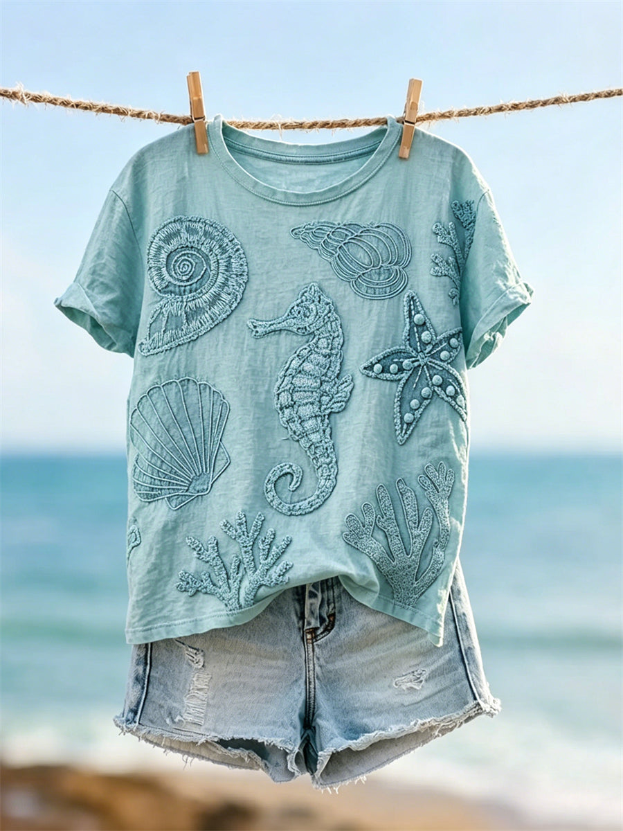 Damen-T-Shirt mit Seepferdchen-, Seestern-, Muscheln- und Korallen-Print, kurze Ärmel