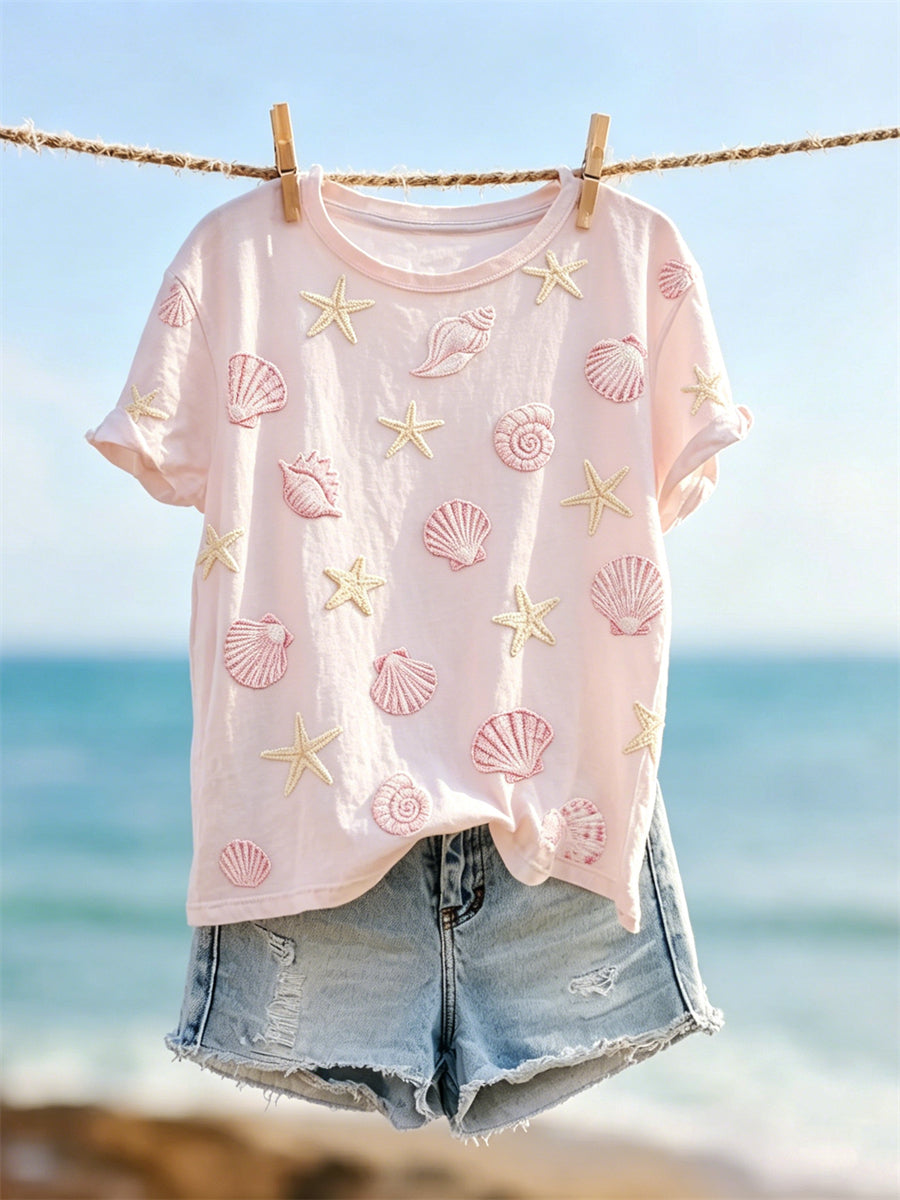 Damen-T-Shirt mit Sternen- und Muschelmuster, kurzärmelig