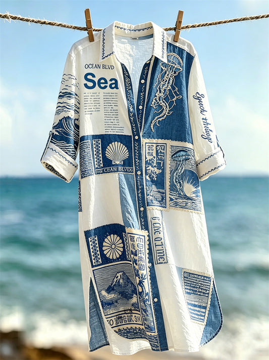 Damen-Shirtkleid im Urlaubsstil mit Collage-Artprint von Meereslandschaften und Meerestieren