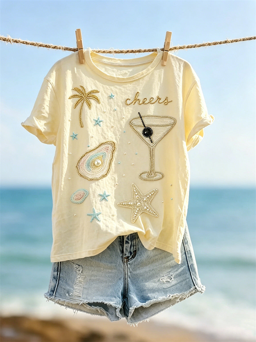 Damen-T-Shirt mit kurzen Ärmeln und von Strandurlaub inspiriertem Party-Print