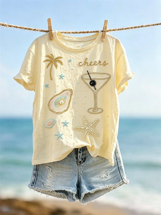 Damen-T-Shirt mit kurzen Ärmeln und von Strandurlaub inspiriertem Party-Print