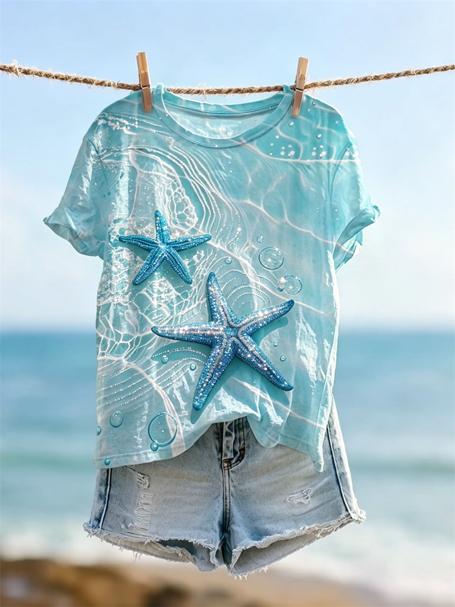 Damen-T-Shirt mit Glitzer-Print, Seestern- und Meereswellen-Motiv, Kurzarm