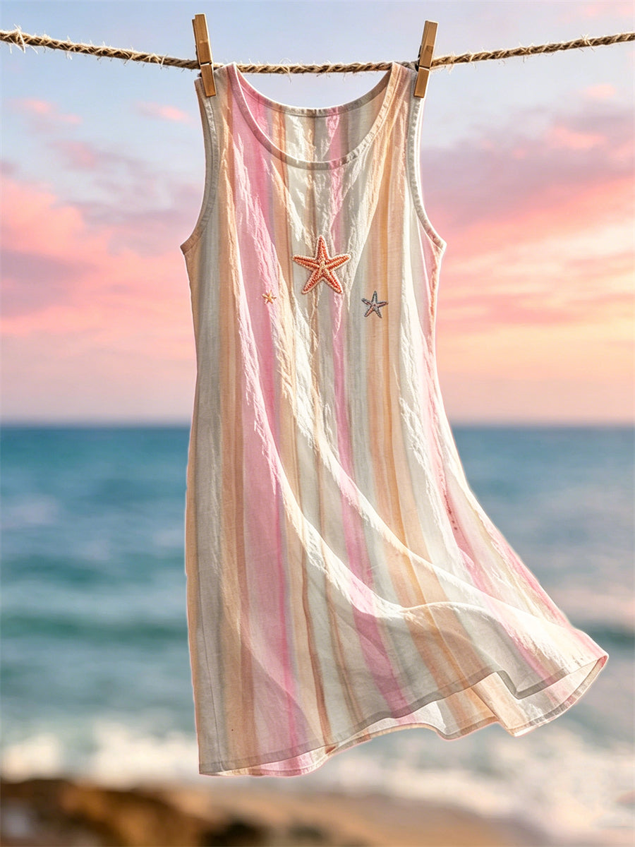 Damen-Strandkleid mit Quasten, Sonnenuntergangs-Verlauf und gestreiftem Print – Tanktop-Style