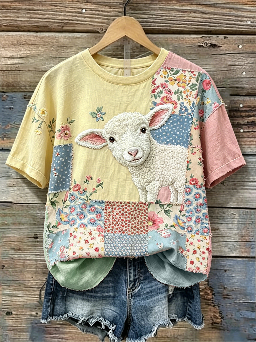 Damen-Linon-T-Shirt mit Blumen- und Farbblockmuster, leichter Blick auf das Innere